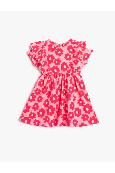 Koton Květinové šaty s nařasenými krátkými rukávy s kulatým výstřihem s texturou