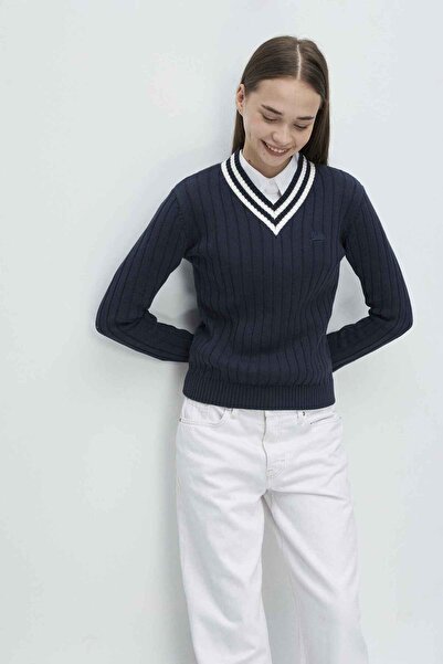 UCLA Γυναικεία πλεκτά PINELLAS Dark Navy Blue V-Neck Jacquard Standard Fit