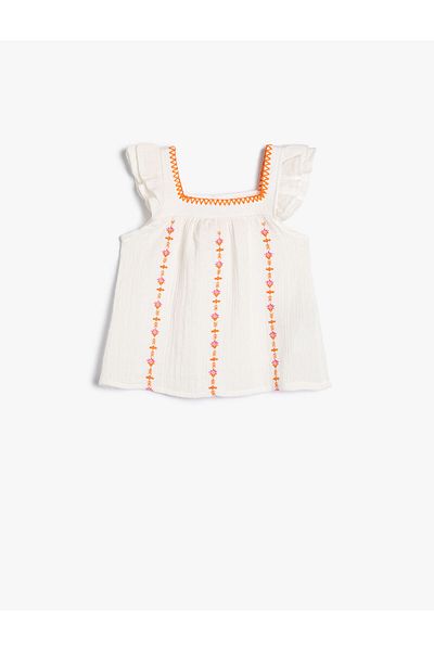 Koton Blouse Ruffled Sleeveless Floral Embroidered Detailed Cotton Muslin Fabric