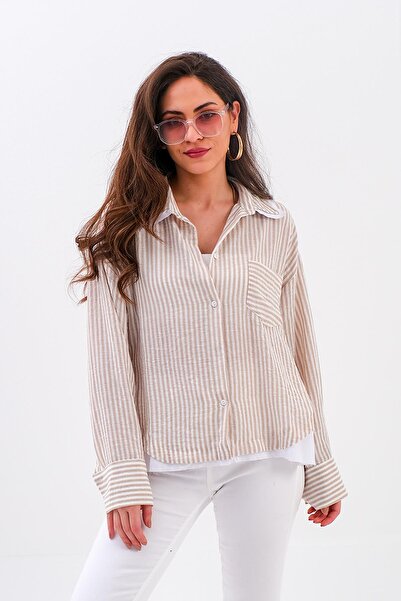 VAPUR TEKSTİL Cămașă din in bej-gri - cu dungi cu garnitură de popelin