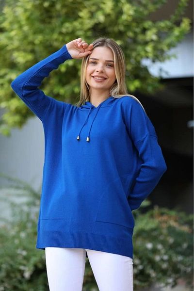 Bİ.GİYSEN Tricot de buzunar Känguru cu glugă albastră pentru femei