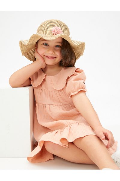 Koton Dress Wide Baby Collar Elastic Short Balloon Sleeves Frilly Cotton