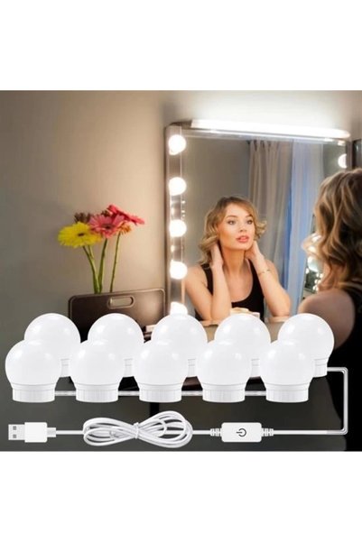 Byrkrg Nostalji Hollywood Tarzı 10Lu Makyaj Masası Aynası Beyaz Led Işıklı Lamba Usb Byrnew