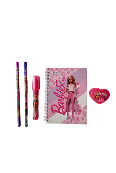 Barbie Not Defteri + Silgi + Kalemtıraş + 2 Adet Kurşun Kalem (5 li Set)