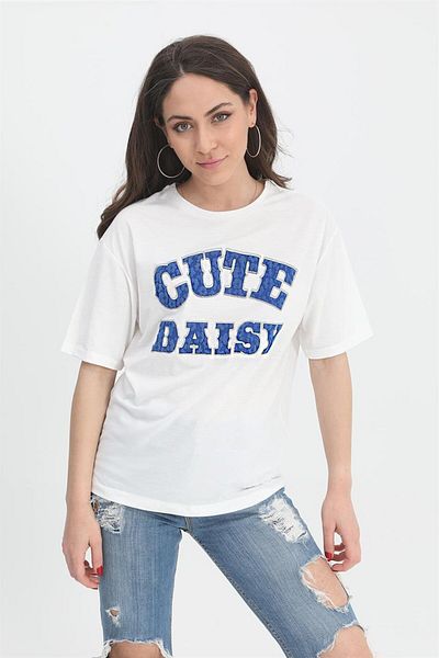 VAPUR TEKSTİL Tricou albastru cu decolteu cu imprimeu în relief