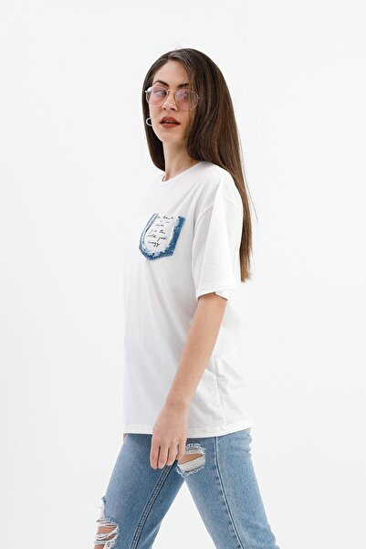 VAPUR TEKSTİL Ecru Color - Crew Neck and Denim Pocket Detailed T-shirt