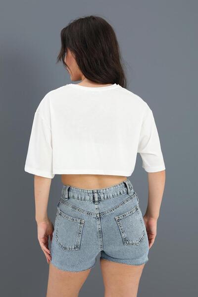 VAPUR TEKSTİL Crop Crew Neck with Pearl Detail - White