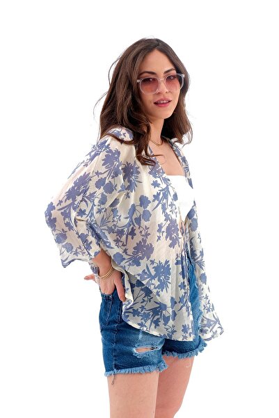 VAPUR TEKSTİL Blue Floral Patterned Three Quarter Kimono