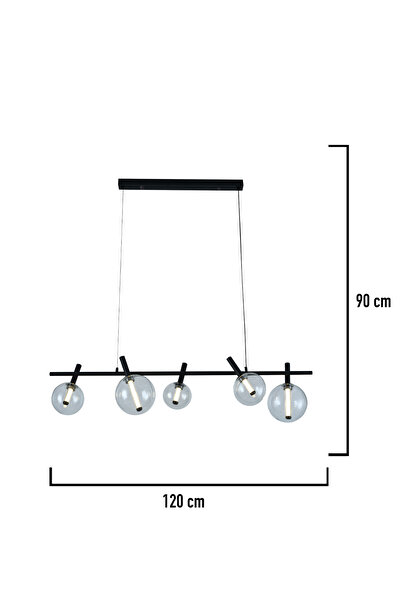 Apliqa Neval 5'li Sıralı Siyah  Gold 7 Watt Yemek Masası Üstü, Salon Sarkıt Avize