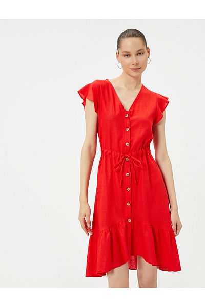 Koton Asymmetric Cut Linen Shirt Dress - Ruffled Waist, V-neck