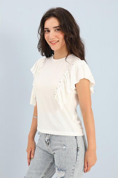 VAPUR TEKSTİL Λευκό T-shirt - Crew λαιμόκοψη και βολάν μανίκια