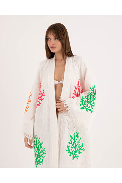 Befera Design Muslin Kimono 100% Cotton Coral Patterned Bathrobe Caftan Dressing Gown