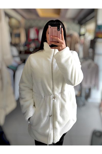 Sublime Butik Γυναικεία βελούδινη ζακέτα με μακριά χιονάτη μέση με κορδόνι με φερμουάρ