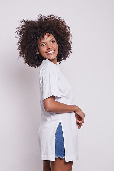 Jument Lycra-free Cotton Crew Neck Loose Double Sleeve Side Slit Oversize Tshirt-white