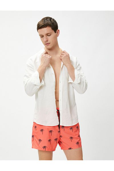 Koton Swim Shorts with Palm Tree Print, Lace Waist and Pocket