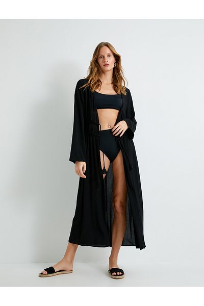 Koton Langes Kimono-Strandkleid aus viskosem Stoff mit Schnürdetail