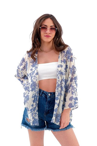 VAPUR TEKSTİL Kimono trei sferturi cu model de flori albastre