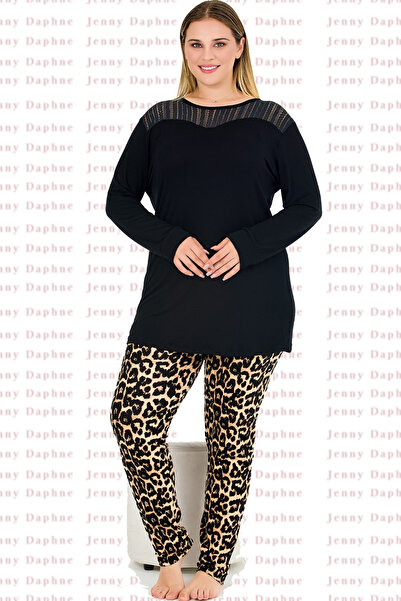 Jenny Daphne Long Sleeve Leopard Patterned Viscose Capri Pajama Set - Lace Shoulder Detail 11387