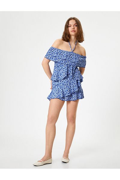 Koton Mini-Jumpsuit mit Blumendruck – U-Boot-Ausschnitt und Neckholder