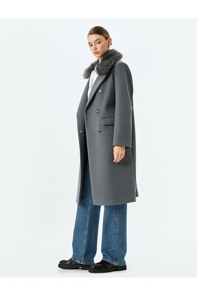 Koton Detachable Faux Fur Collar Detailed Long Stamp Coat