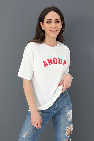 VAPUR TEKSTİL Tricou roșu cu imprimeu Amour - Decolteu