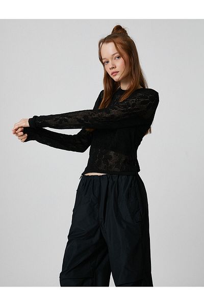 Koton Openwork Sweater Long Sleeve Viscose Crew Neck Floral