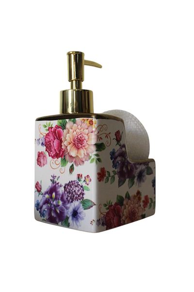 ALBETTO 500ml Porcelain Liquid Soap Dispenser - Flower Patterned with Sponge Holder Compartment