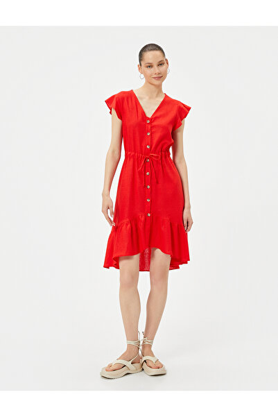 Koton Asymmetric Cut Linen Shirt Dress - Ruffled Waist, V-neck