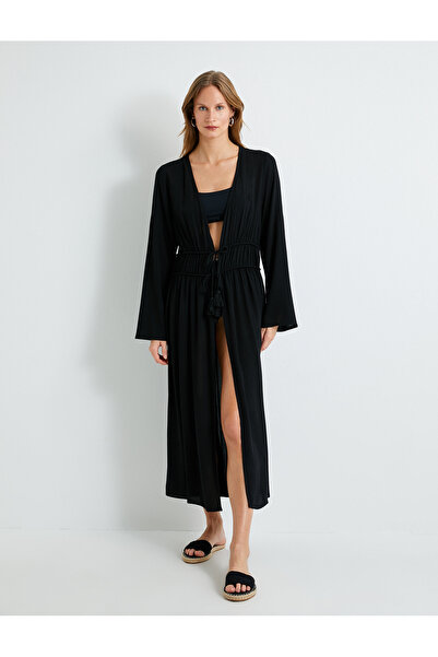 Koton Langes Kimono-Strandkleid aus viskosem Stoff mit Schnürdetail