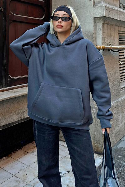 Swist Smoked Stay Hooded Kangaroo Pocket Oversize Women's Sweatshirt with Fleece Inside