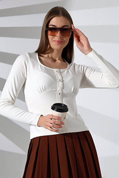 Şiir Sogi Women's - Ecru Soft Touch Thermal Pullover, Square Collar, Long Sleeve and Button Detail Blouse & Top