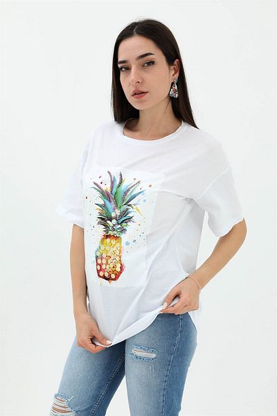 VAPUR Tricou din jerseu simplu cu imprimeu ananas cu gât crew - alb