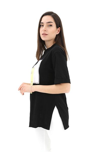 VAPUR Tricou cu imprimeu facial cu gât crew - negru