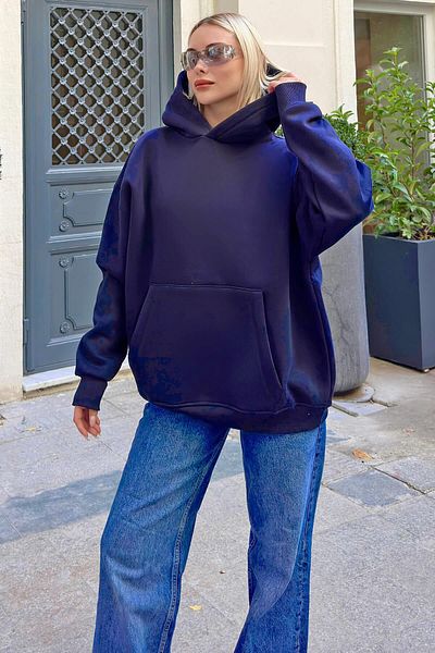 Swist Navy Blue Oversize Hooded, Kangaroo Pocket Fleece Women's Sweatshirt