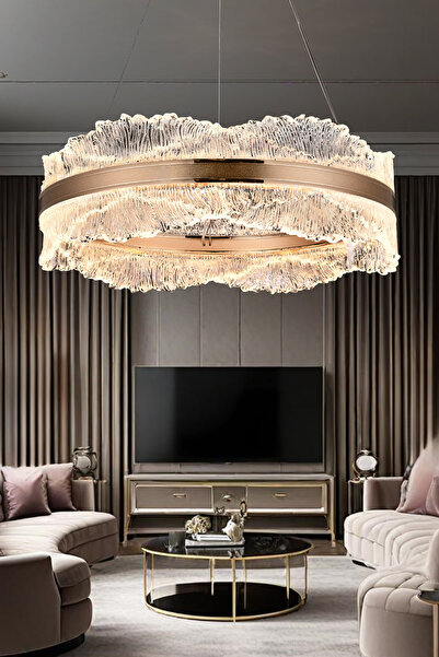 Apliqa Laden 50'lik Gold 60 Watt Kristal Taşlı Modern Salon Led Sarkıt Avize
