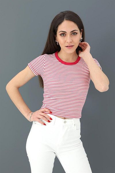 VAPUR TEKSTİL Camisola Prune - Bluză cu dungi cu decolteu rotund
