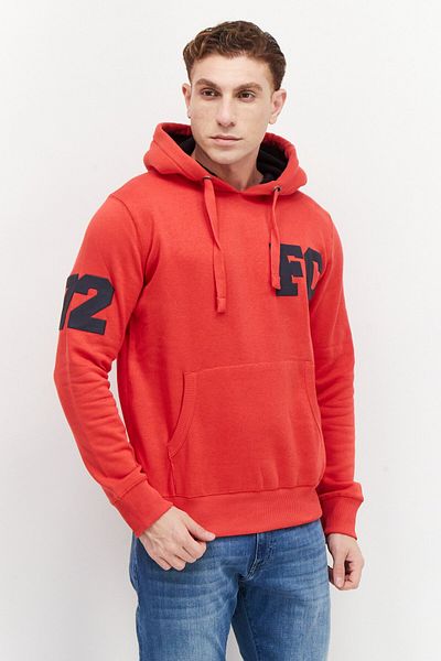 French Connection Men Hood With Drawstring Front Pocket Fleece Sweatshirts, Red