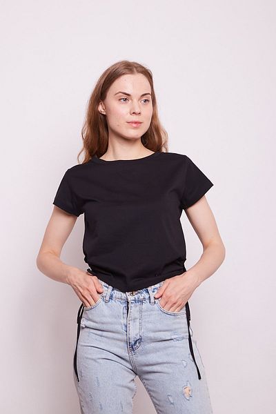 Jument Lycra-free Cotton Fabric Wide Crew Neck Short Sleeve Side Tie Short Sleeve Tshirt - black