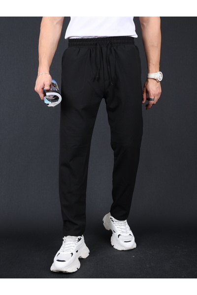 mavisima erkek giyimi Men's Black Slim Fit Relaxed Cut Waist-Tied Side Pocket Back Pocket Jogger Pants
