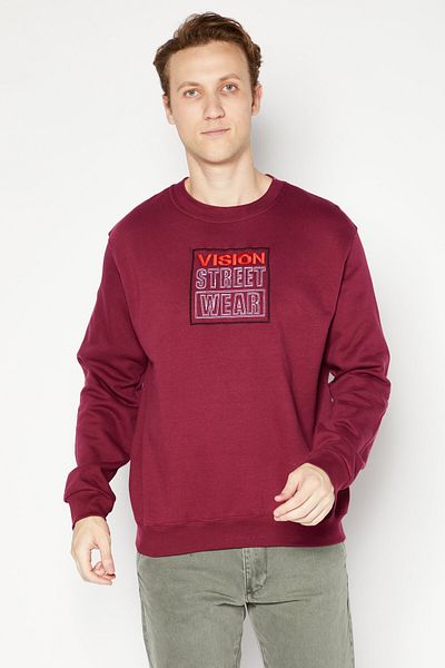 Vision Street Wear Men Crew Neck Long Sleeve Embroidered Logo Sweatshirt, Maroon