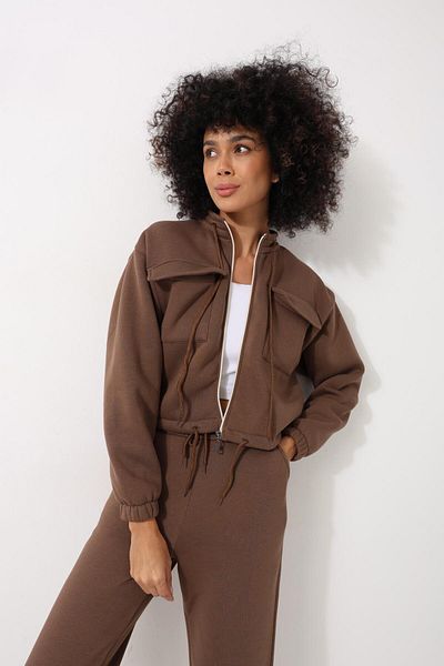 AMİDA Brown High Collar Crop Jacket Women's Tracksuit with Jogger Pants Double Set - 2455