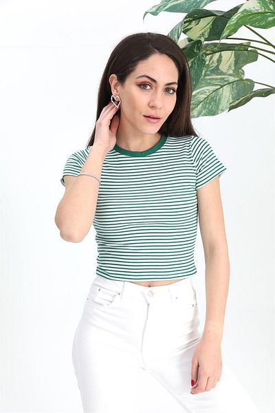 VAPUR TEKSTİL Μπλούζα Crew Neck Ριγέ Καμιζόλα - Πράσινη