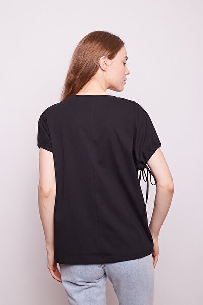 Jument Lycra-free Cotton Wide Crew Neck Drop Shoulder Sleeves Lace-up T-shirt - black