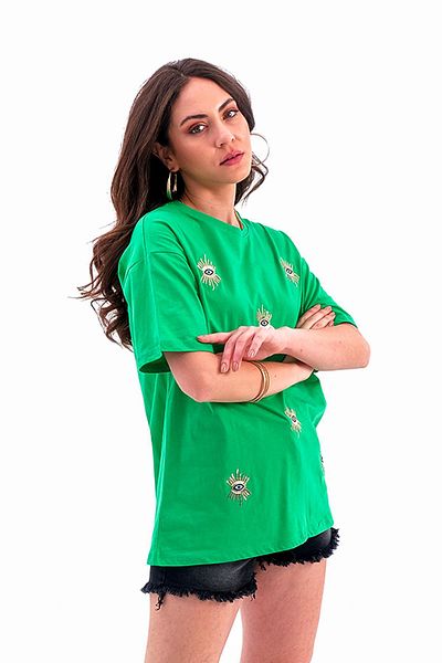 VAPUR TEKSTİL Tricou verde din jerseu - brodat cu ochi