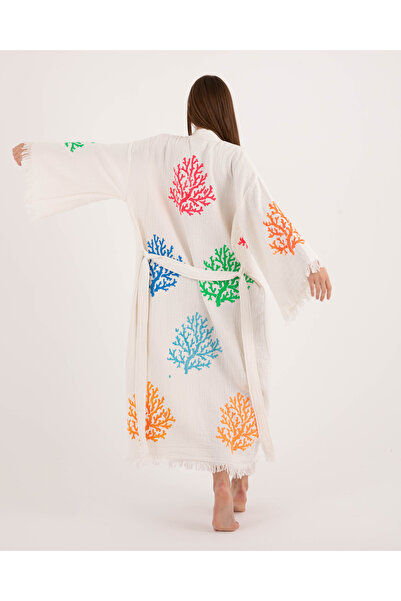 Befera Design Muslin Kimono 100% Cotton Coral Patterned Bathrobe Caftan Dressing Gown