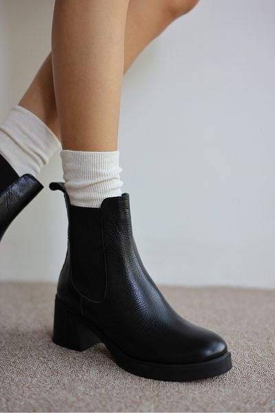 selinshoes Heleni Genuine Leather Blunt Toe Elastic High Heel Women's Boots - Black Leather