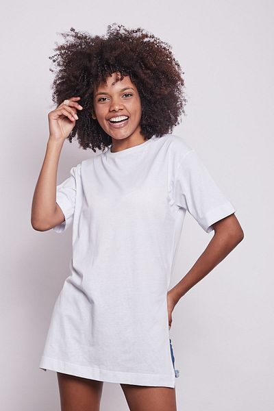Jument Lycra-free Cotton Crew Neck Loose Double Sleeve Side Slit Oversize Tshirt-white