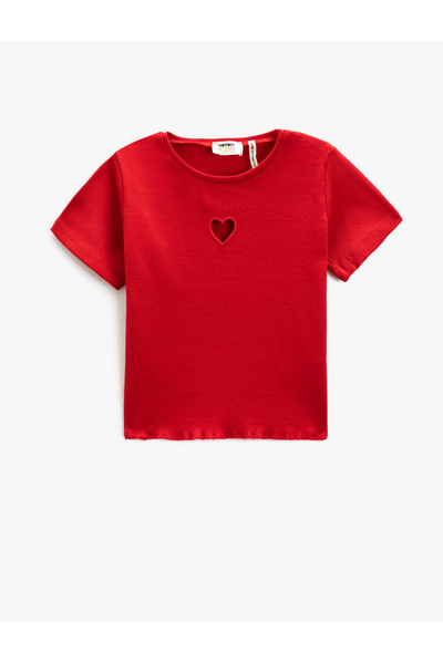 Koton Basic Crop T-Shirt with Heart Window Detail Short Sleeve Crew Neck