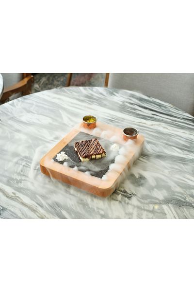 Davi Ahşap Sweet Presentation Plate - Basalt Stone Wooden Plate & 2-Piece Joker Sauce Bowl