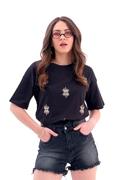 VAPUR TEKSTİL Tricou negru din jerseu - Detaliu de broderie a ochilor